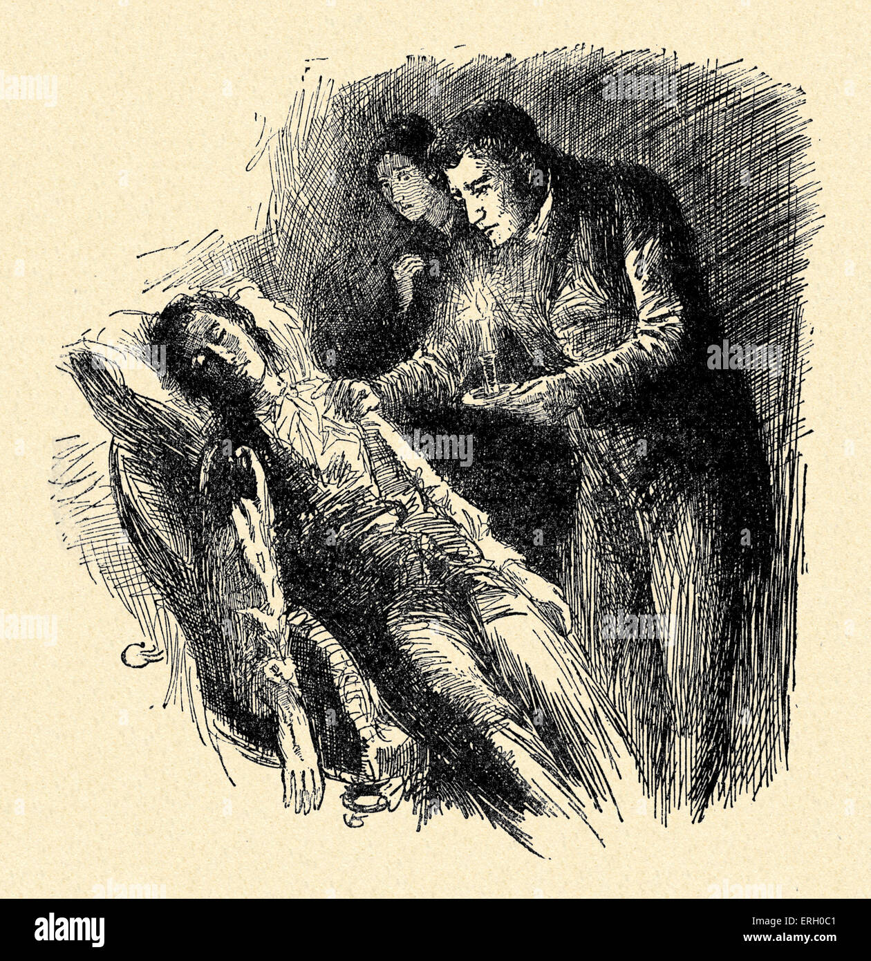 Jane Eyre by Charlotte Brontë. Caption reads: 'Mr Rochester held the candle over him' (Mason lying dying while Mr Rochester and Stock Photo