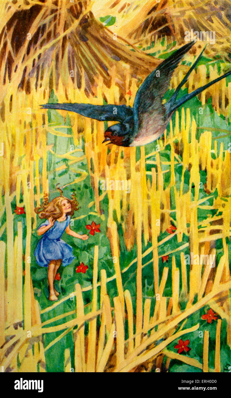 Hans Christian Andersen's fairy tale, Tommelise. Caption reads: 'The little swallow was flying past' (Tommelise and the Stock Photo
