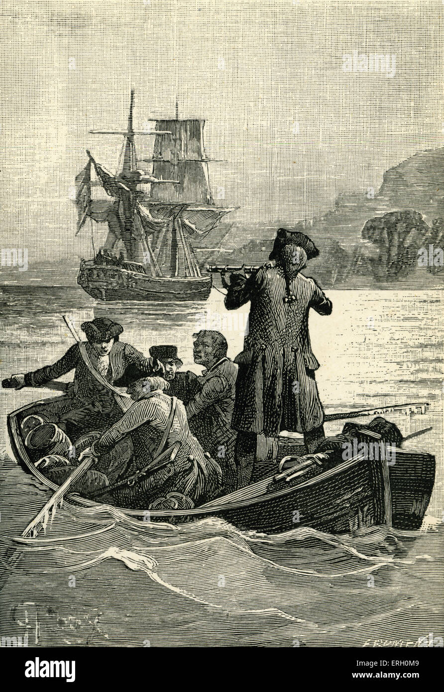 Treasure Island by Robert Louis Stevenson. Caption reads: 'The Squire raised his gun, the rowing ceased.' (Squire John Stock Photo