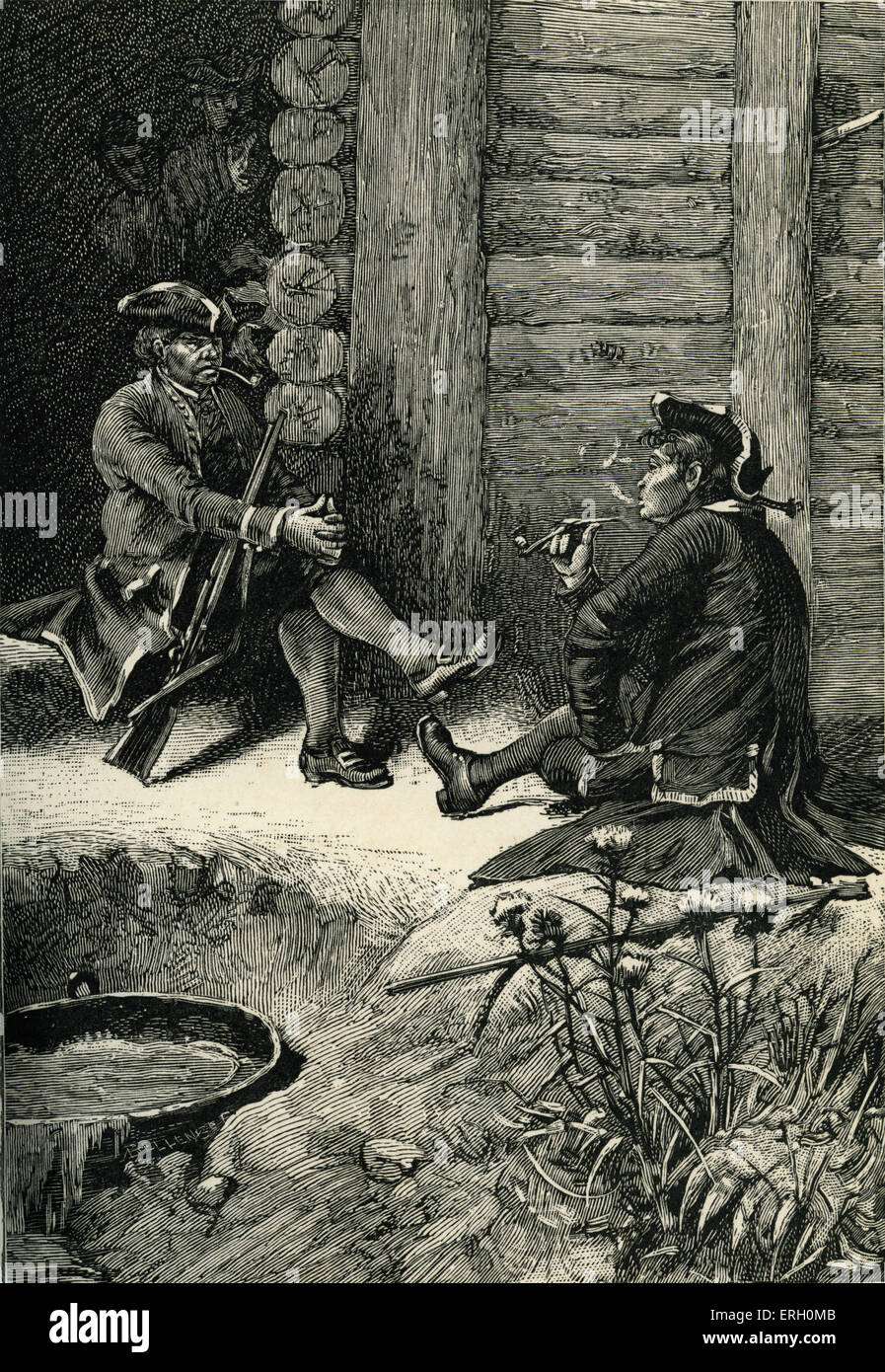 Treasure Island by Robert Louis Stevenson. Caption reads: 'The two men sat silently smoking for quite a while.' (John Silver and Captain Smollet, negotiating terms.) Chapter XX Silver's Embassy. First Published in 1881-82. RLS: Scottish novelist, poet, and travel writer, 13 November 1850 – 3 December 1894. Stock Photo