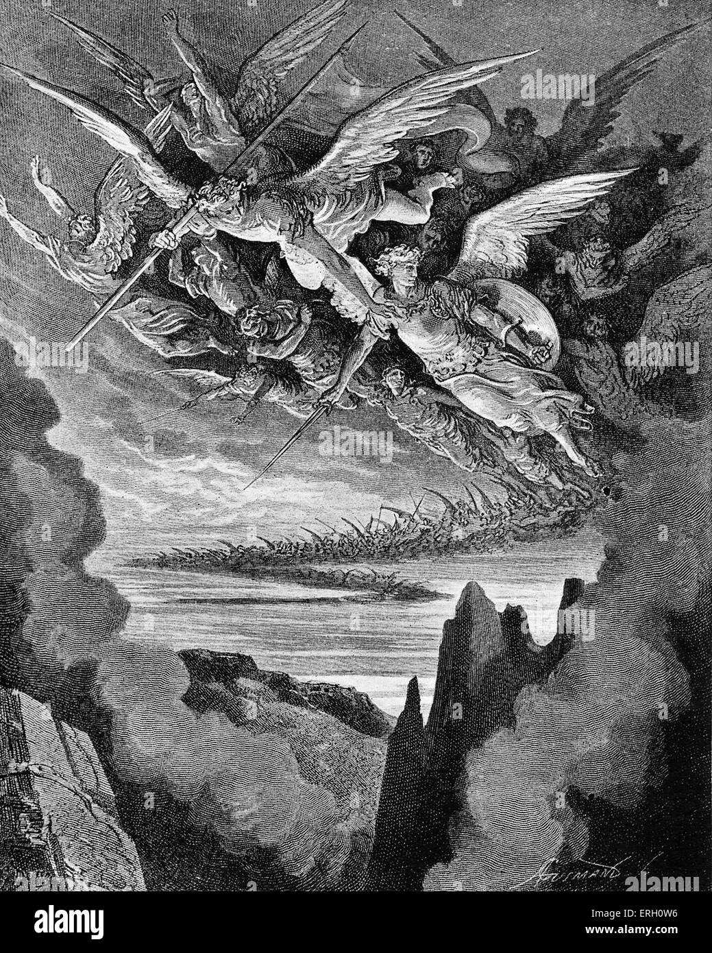 Milton's Paradise Lost. Paradise Lost was first published in 1674. Caption: So numberless were those bad angels seen hovering on wing under the cope of hell. Illustration by Doré. John Milton: December 9, 1608 – November 8, 1674 Stock Photo