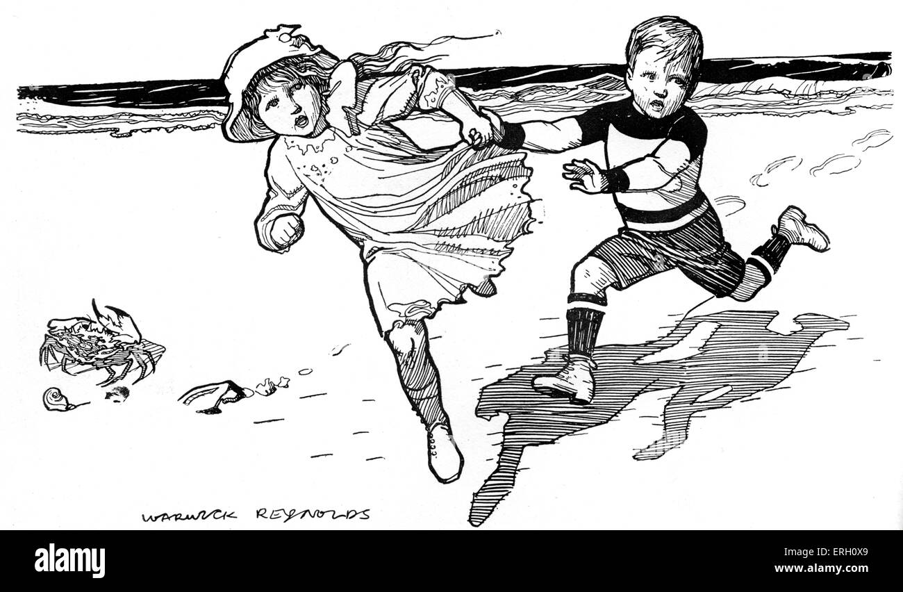 Children at the seaside from Blackie's Children's Annual. Caption: They ran together hand in hand. Stock Photo