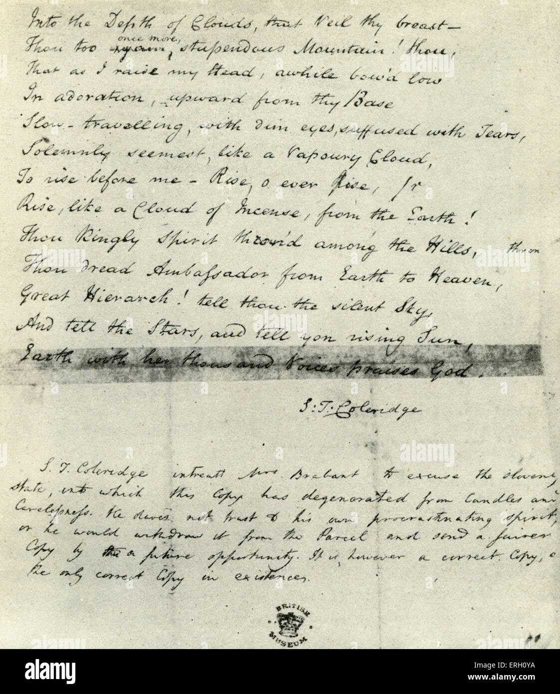 Samuel Taylor Coleridge manuscript for Hymn before Sunrise . English