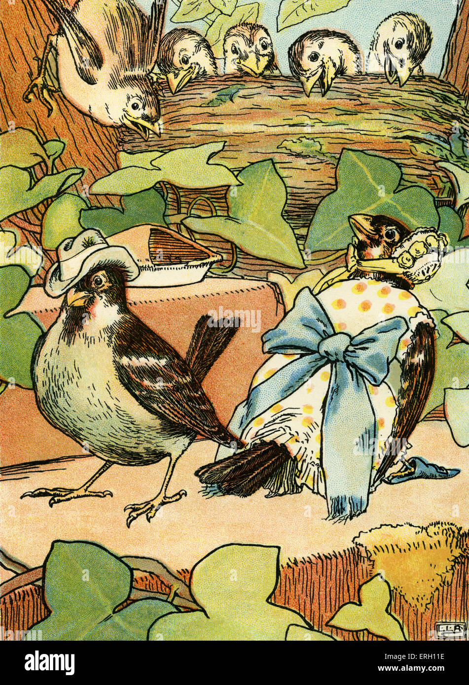 Edward Lear 's Nonsense Songs. Illustration by L. Leslie Brooke from 'Mr and Mrs Spikky Sparrow': 'Their children cried, O Ma Stock Photo