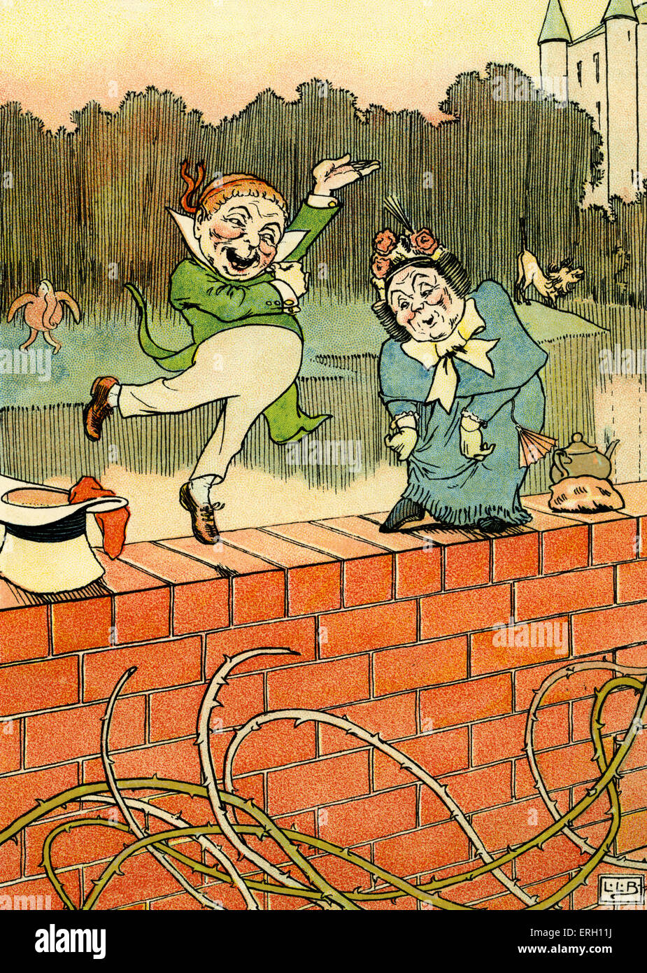 Edward Lear 's  Mr and Mrs Discobbolos from 'Nonsense Songs': 'Mr and Mrs Discobbolos climbed to the top of a wall'. Stock Photo