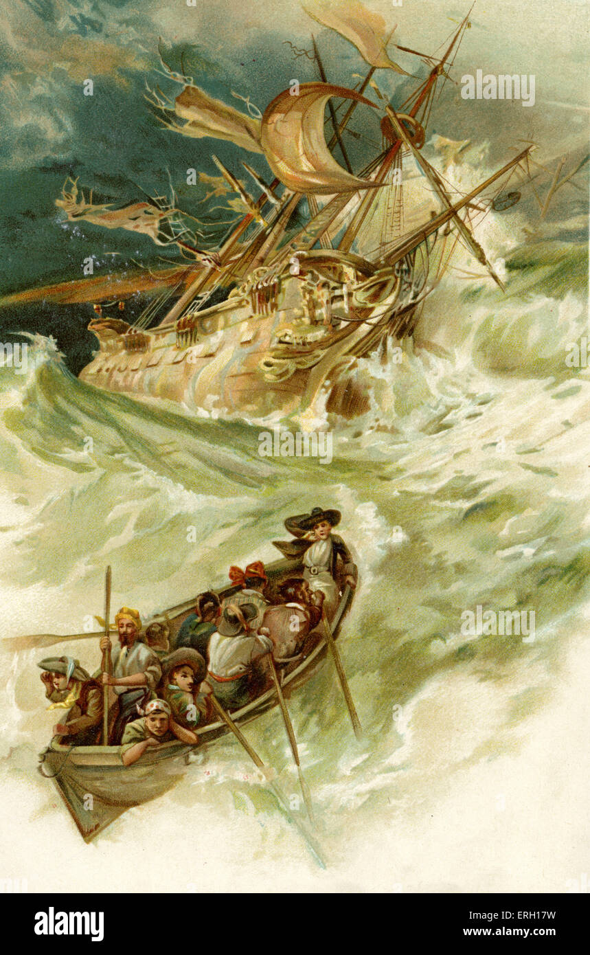 The Life & Adventures of Robinson Crusoe by Daniel Defoe. Caption: Pulling as well as we could towards the land. First Stock Photo