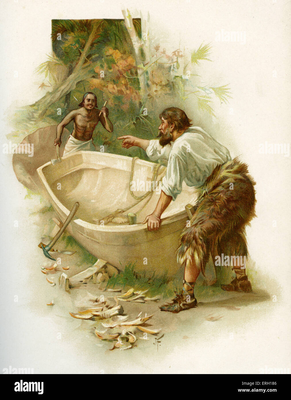 The Life & Adventures of Robinson Crusoe by Daniel Defoe. Caption: We cut and hewed the outside into the true shape of a boat. Stock Photo