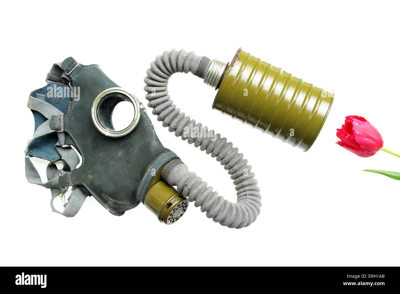 breathing gas mask oxygen smelling flower representing pollution and