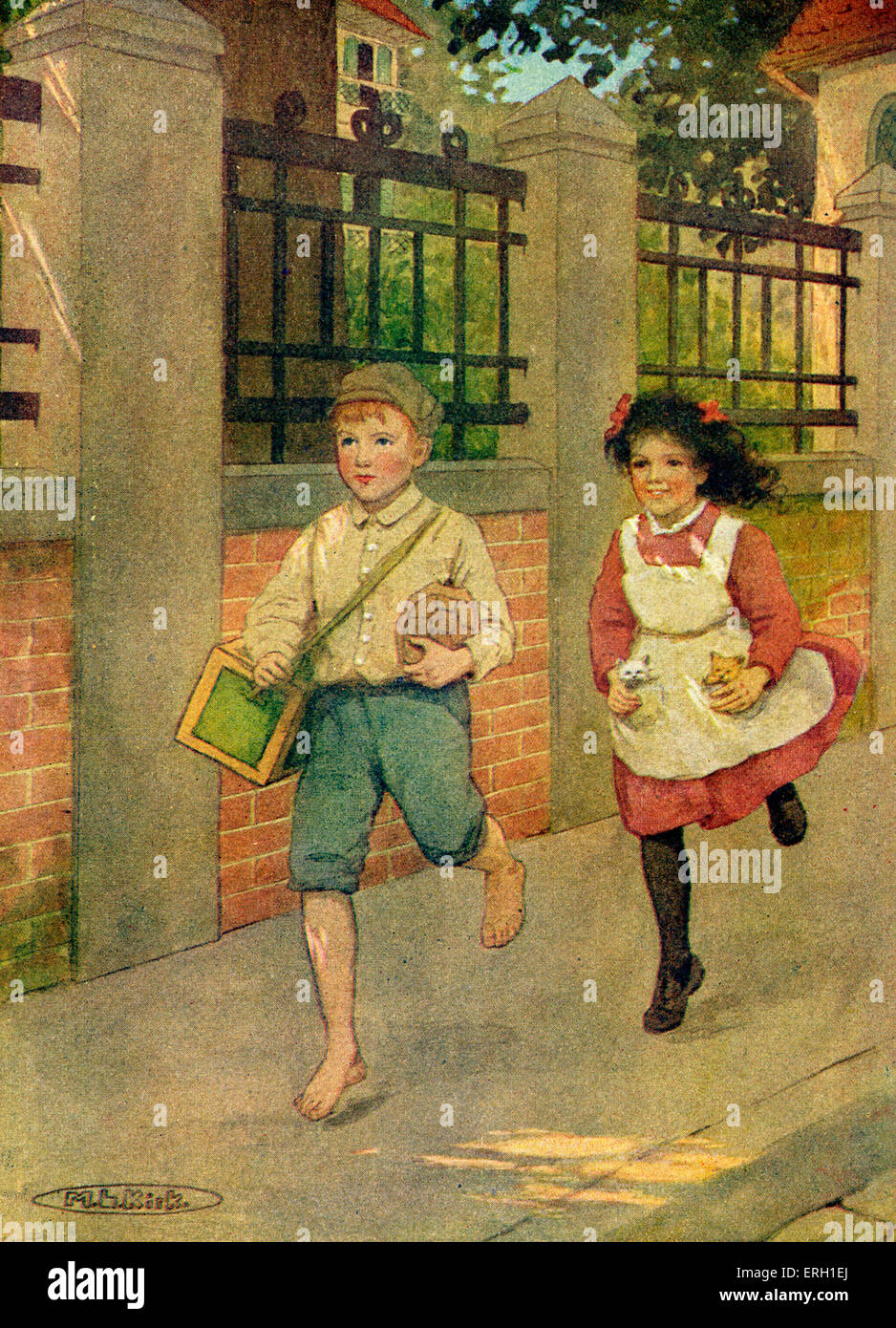 Heidi by Johanna Spyri. First published 1880. Caption reads: 'Off they started, and soon Heidi was pulling the door-bell'. Stock Photo