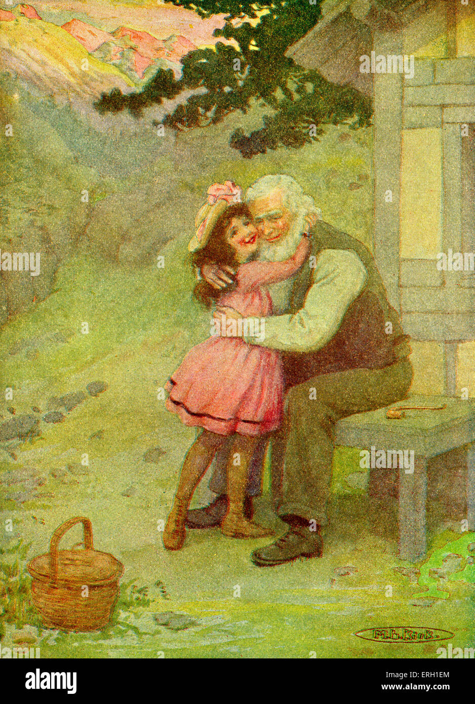 Heidi by Johanna Spyri. First published 1880. Caption reads: 'Throwing herself in her grandfather's arms, she held him tight.' Stock Photo