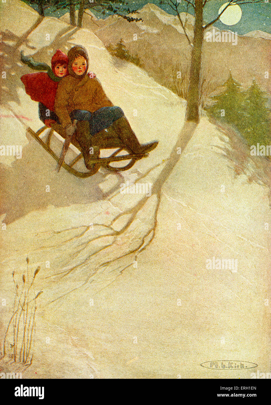 Heidi by Johanna Spyri. First published 1880. Caption reads: ' The two children were already flying down the Alp.' Illustrations by Maria L. Kirk.(no dates available) Swiss authoress 12 June 1827 – 7 July 1901 ( Born Johanna Louise Heusser ) Stock Photo