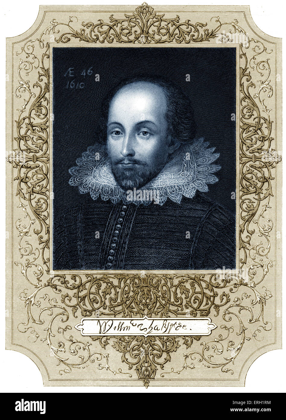 William Shakespeare, portrai with signature. Dated 1610. English poet and playwright baptised 26 April 1564 – 23 April 1616. Stock Photo