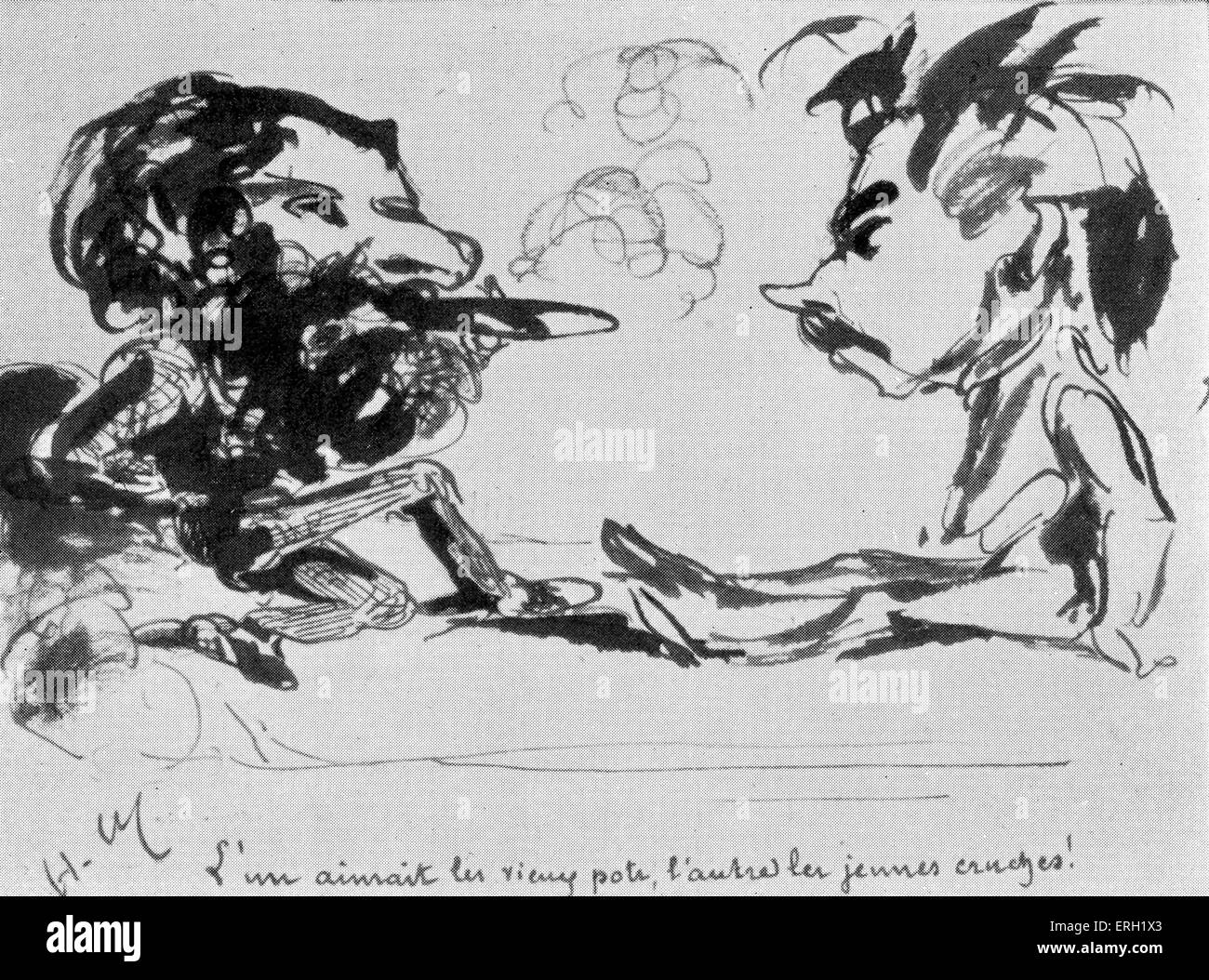 Henri Meilhac and Ludovic Halevy caricature by Henry / Henri Meilhac, -  collaboration. -French dramatist and opera librettist: Stock Photo