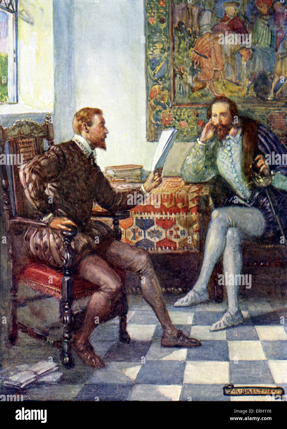 Spenser (Edmund) and Raleigh (Walker)  'Spenser read the first part of his book, 'The faery Queen' to Raleigh'. Illustration by Stock Photo