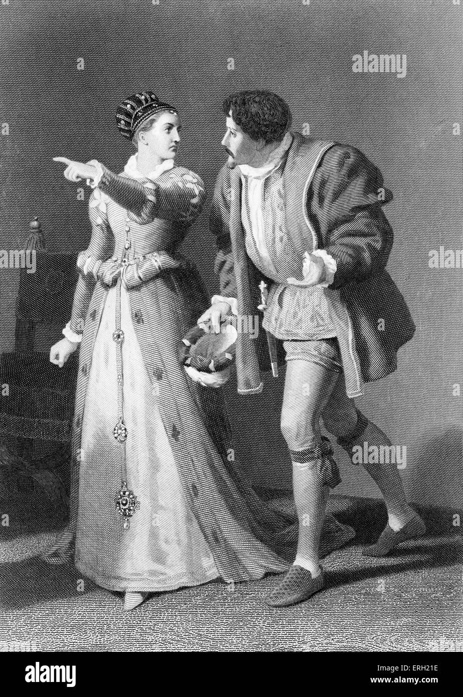 Much Ado About Nothing (Act IV Scene 1), play by William Shakespeare. Benedick and Beatrice. 'Beatrice: Talk with a man out at a window? A proper saying! Benedick: Nay, but, Beatrice.' Painted by J D Watson, engraved by W Ridgway. William Shakespeare, English poet and playwright, baptised 26 April 1564 – 23 April 1616. From 'Tales from Shakespeare' by Charles and Mary Lamb, 1807. Stock Photo