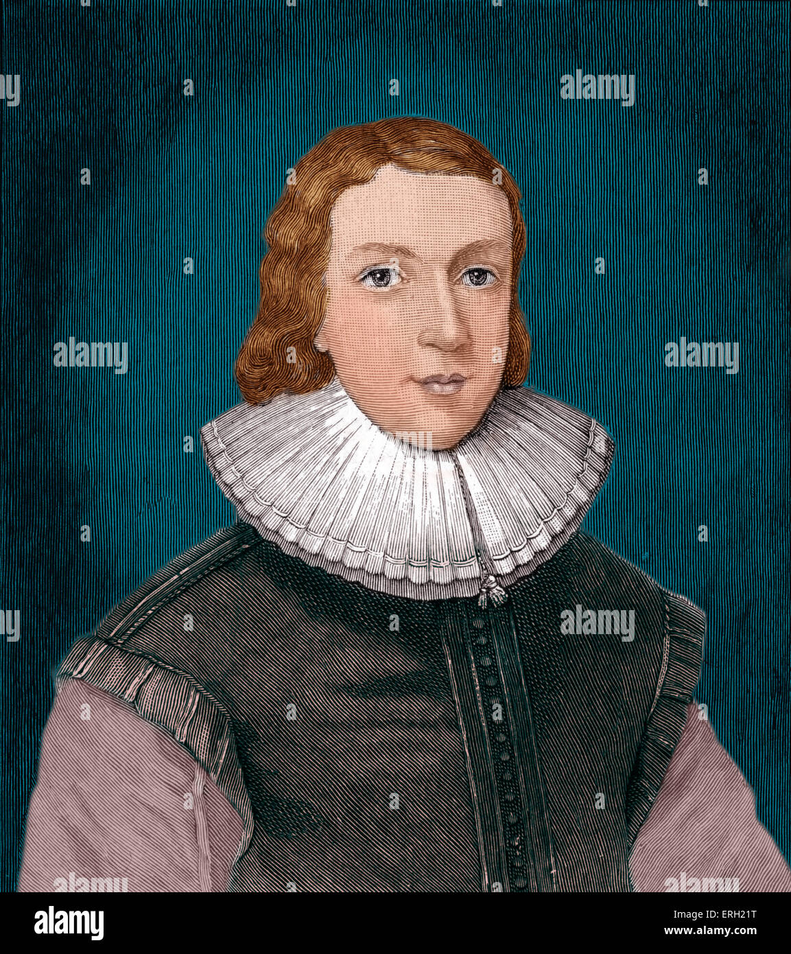 John Milton Aged 21 In 1731 Engraving By Vertue Ruff Around His Neck Colourised Version 