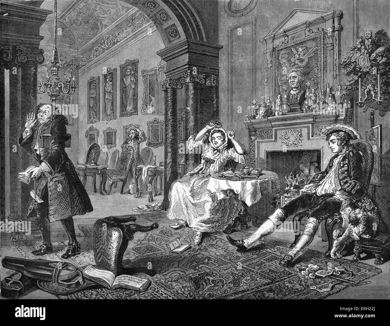 Marriage a la Mode - The morning after the grand entertainment. Engraving by William Hogarth, English artist, painter and Stock Photo