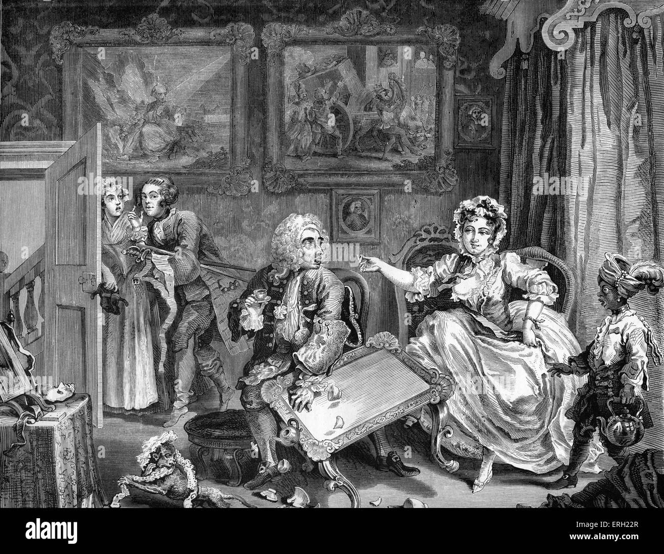 A Harlot 's Progress  - The Jew, The Mistress, and The Lover, (1732). Engraving by William Hogarth. Moll Hackabout, kept Stock Photo