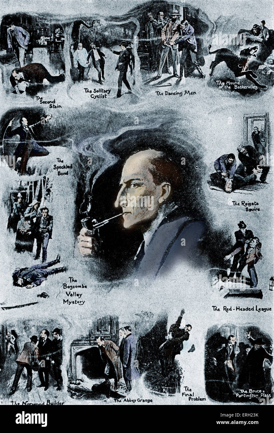 Sherlock Holmes and twelve scenes from his career. Illustration by Sidney Paget. Sir Arthur Conan Doyle Scottish author and Stock Photo