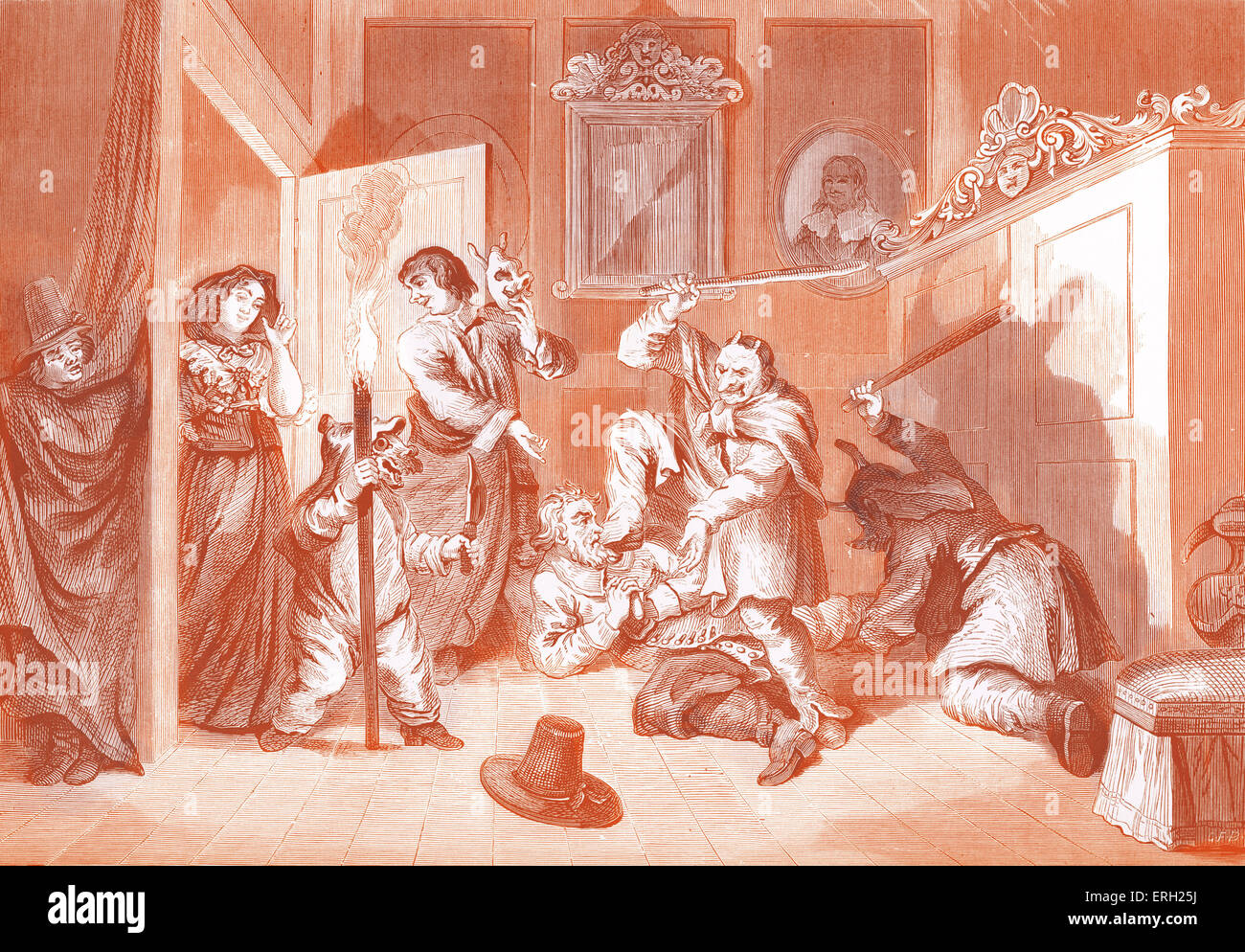 Hudibras catechised', engraving by William Hogarth. Sir Hudibras, knight-errant, is beaten and catechised by a masked gang at the instruction of the widow and the astrologer. 'Hudibras', a satircal narrative poem by Samuel Butler. SB: English poet and satirist, b 1612/13 – 1680. WH: English artist, painter and engraver, b November 10, 1697 - October 26, 1764. Stock Photo