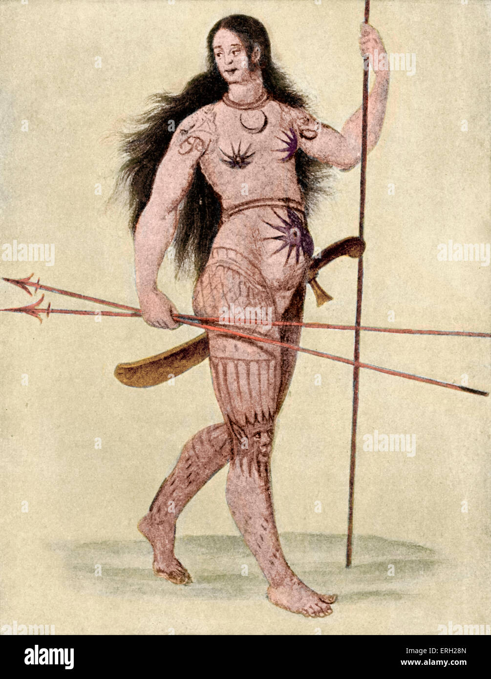An illustration by John White from 'Voyage into Virginia' by Walter Raleigh.1585. The image depicts a Pict woman and was used to illustrate a comparison between ancient Britons and the Native peoples encountered in North America. WR: English writer, poet, courtier and explorer, c 1552 – 29 October 1618. Colourised version. Stock Photo