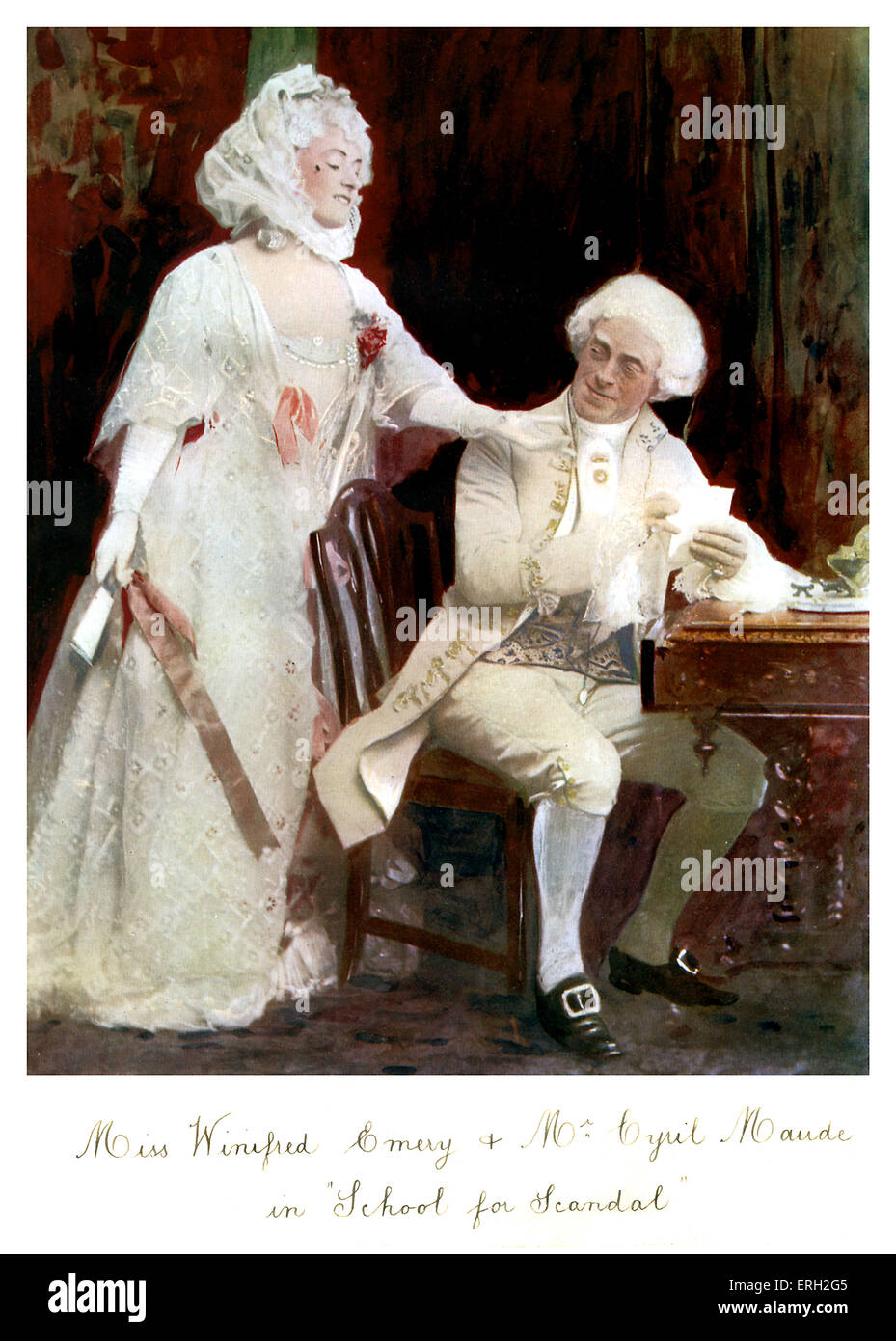 Winifred Emery as Lady Teazle and Cyril Maude as Sir Peter Teazle in 'School for Scandal', a comedy of manners written by Stock Photo