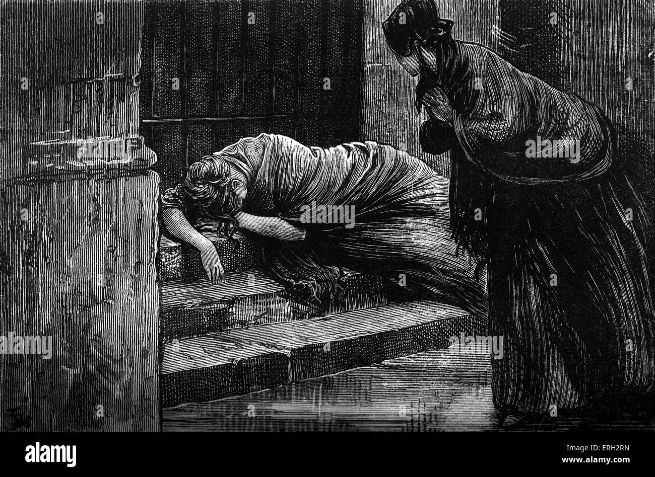 Bleak House by Charles Dickens. Caption reads:'She lay there, with one arm creeping round a bar of the iron gate, and seeming to embrace it.' CD: English novelist, 7 February 1812 – 9 June 1870. Stock Photo