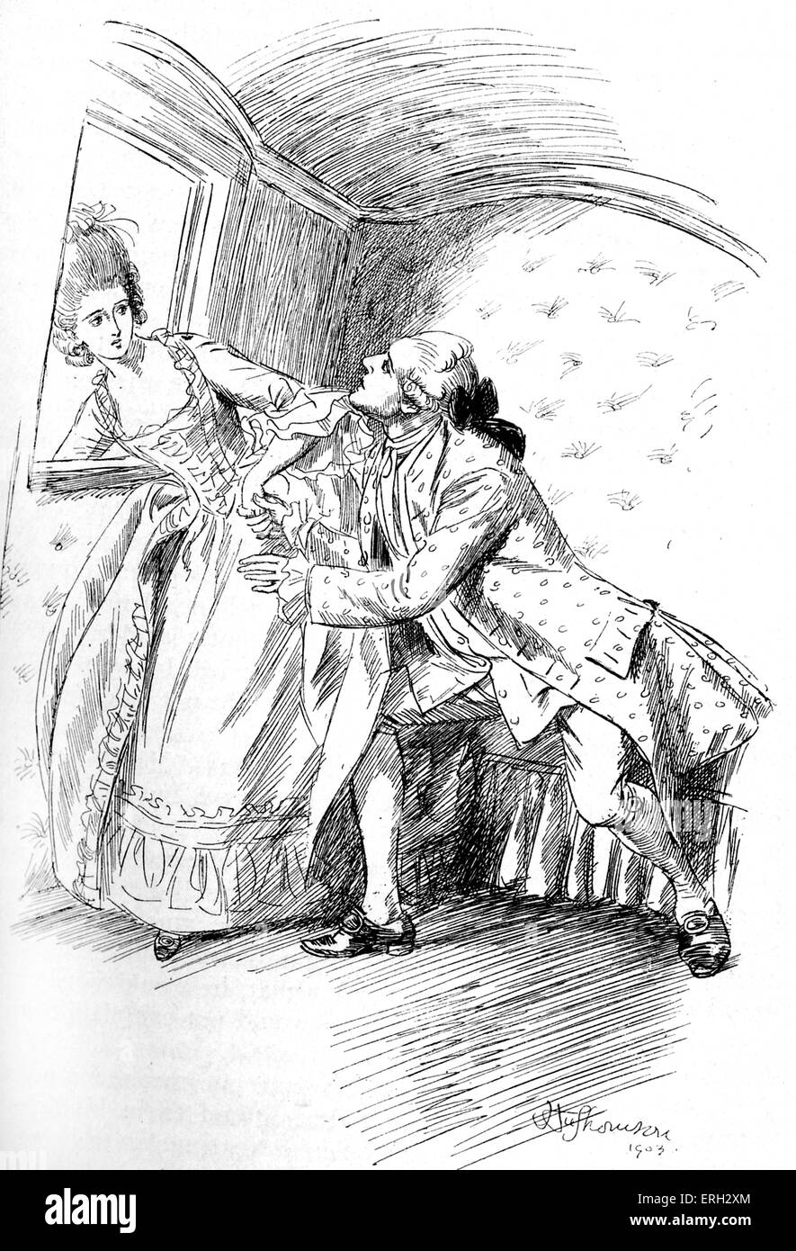 'Evelina' by Fanny Burney. Sir Clement implores Evelina to tell him of her troubles, Letter XXI. This edition was published in Stock Photo