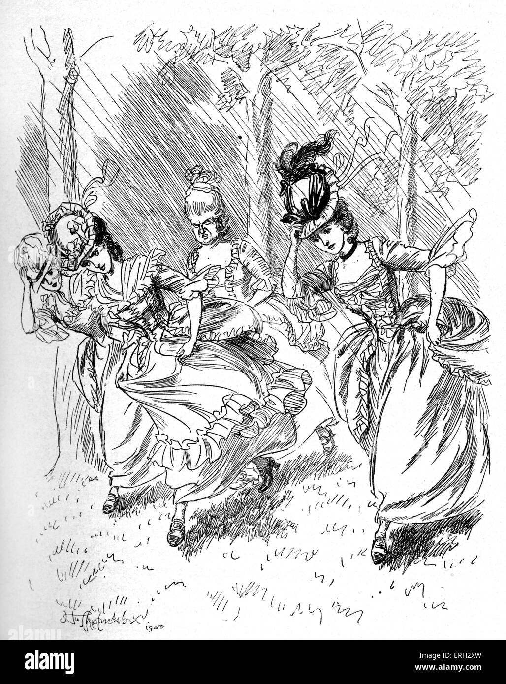 'Evelina' by Fanny Burney. Evelina and three friends are caught in the rain and hasten, Letter LIV. This edition published in Stock Photo