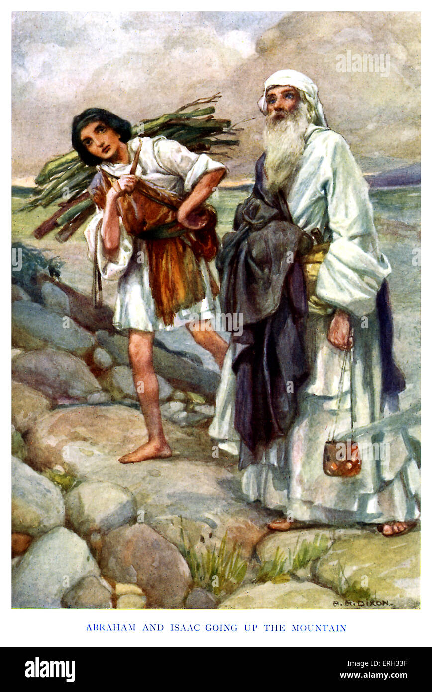 Isaac - caption reads, 'Abraham and Isaac going up the mountain.' Genesis chapter 22: Abraham prepares to sacrifice his son for God on Mount Moriah. (From The Old Testament Story). c. 1920s. Illustrations by Arthur A. Dixon. AD: English artist: (worked from 1892) died 1927. Stock Photo