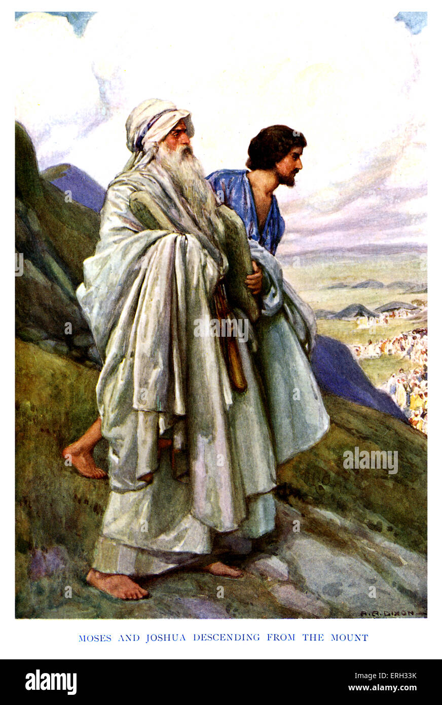 Moses on the Mount - caption reads, 'Moses and Joshua descending from the Mount.' Exodus 24:13, 'And Moses rose up, and his Stock Photo