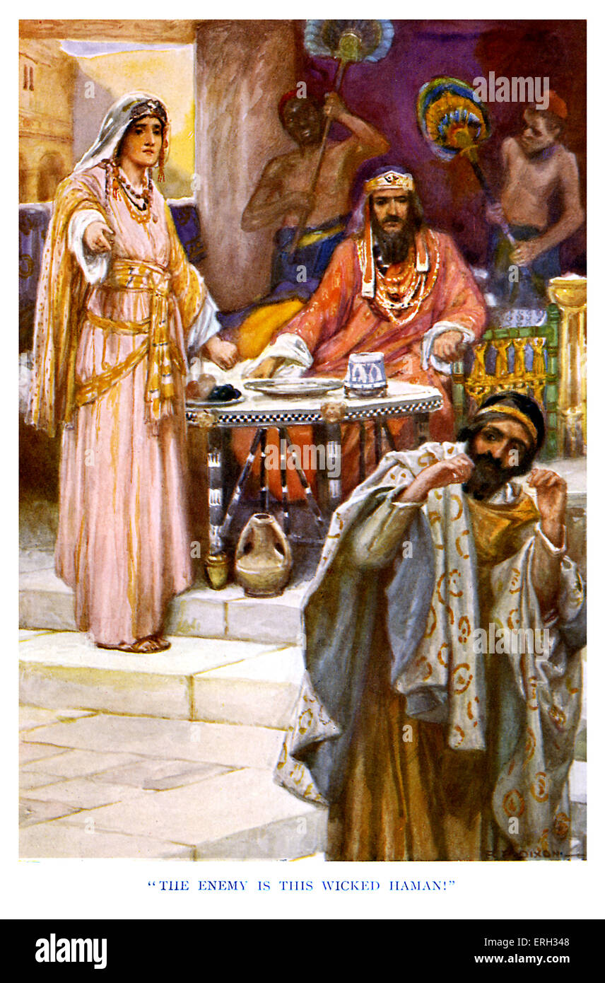 Brave Queen Esther  - caption reads, 'The enemy is this wicked Haman.' Esther 7:6, 'And Esther said, The adversary and enemy is Stock Photo