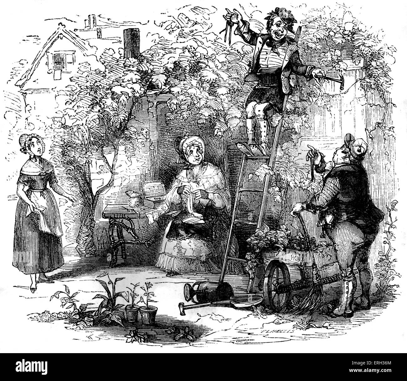 Charles Dickens 's 'The Old Curiosity Shop'. First published 1841. Description of scene: Mr Garland and Kit work in the garden. Chapter Forty. Illustration by Hablot K Browne - 'Phiz' (1815-1882). CD: English novelist 7 February 1812 – 9 June 1870 Stock Photo