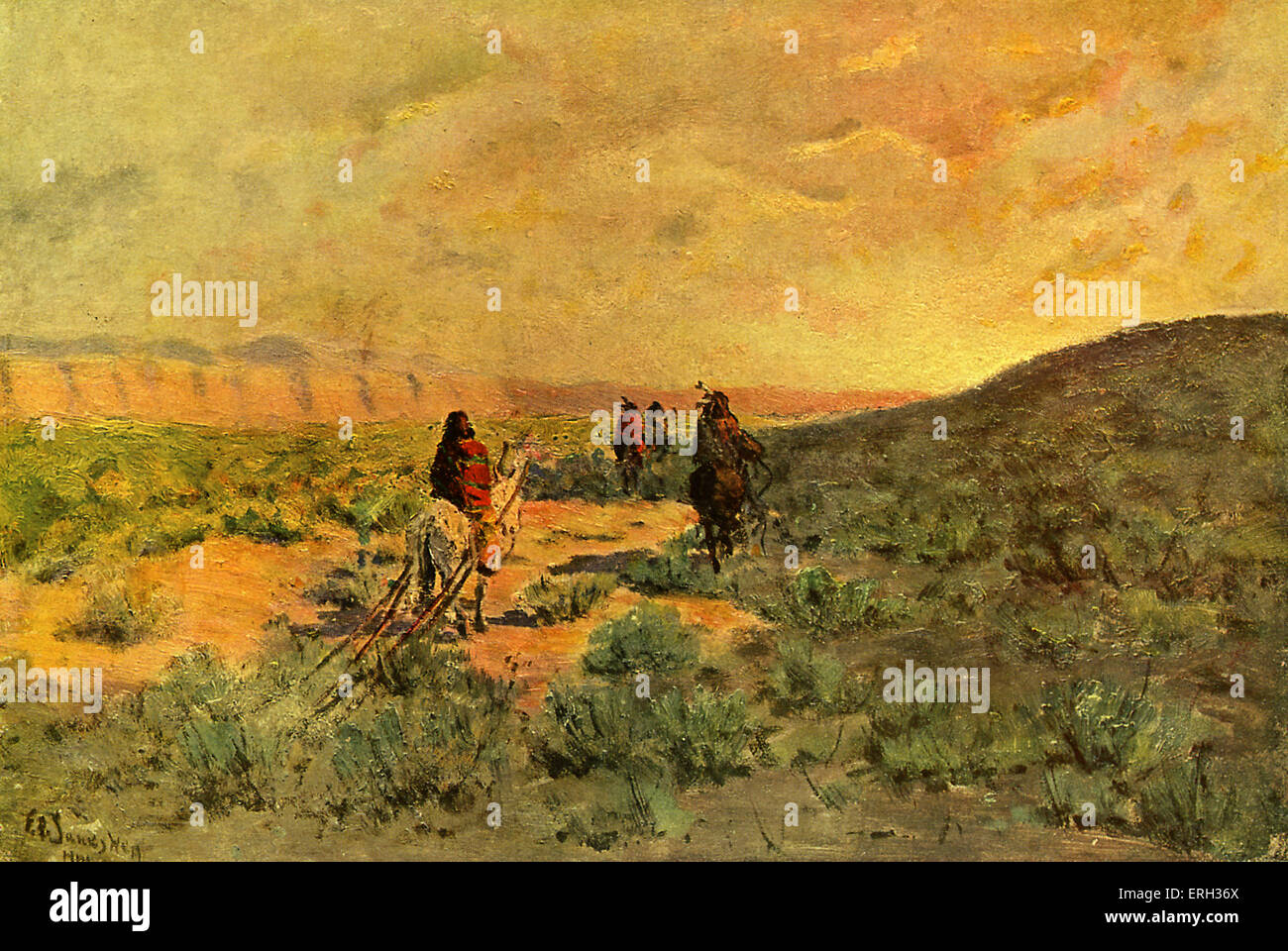 Navahos Moving Camp  - shows the nomadic people of the Native American Navaho tribe on horseback.  c. 1901. Illustration by Stock Photo