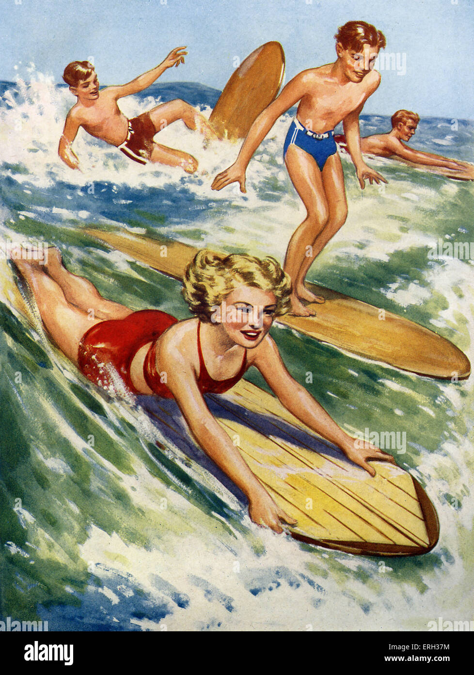 Surf-boarding, early 1950s. Illustration by unknown artist, from The Wonder Book of How It's Done. Caption reads: 'Surf-boarding - a thrilling seaside sport' Stock Photo