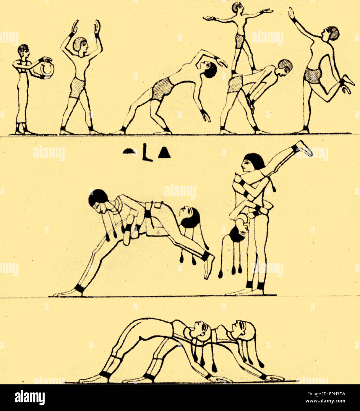 Ancient Egyptian tumblers / acrobats performing acrobatics.  Engraving after an egyptian fresco. Stock Photo