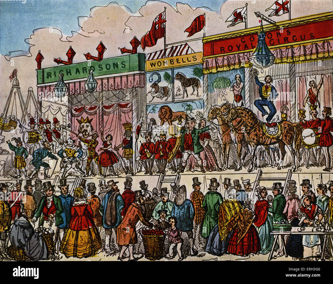 Scenes from 'Harlequin Red Riding-Hood' by Tom Hood.  Crowd watches a circus perform on stage.  TH British humourist and Stock Photo