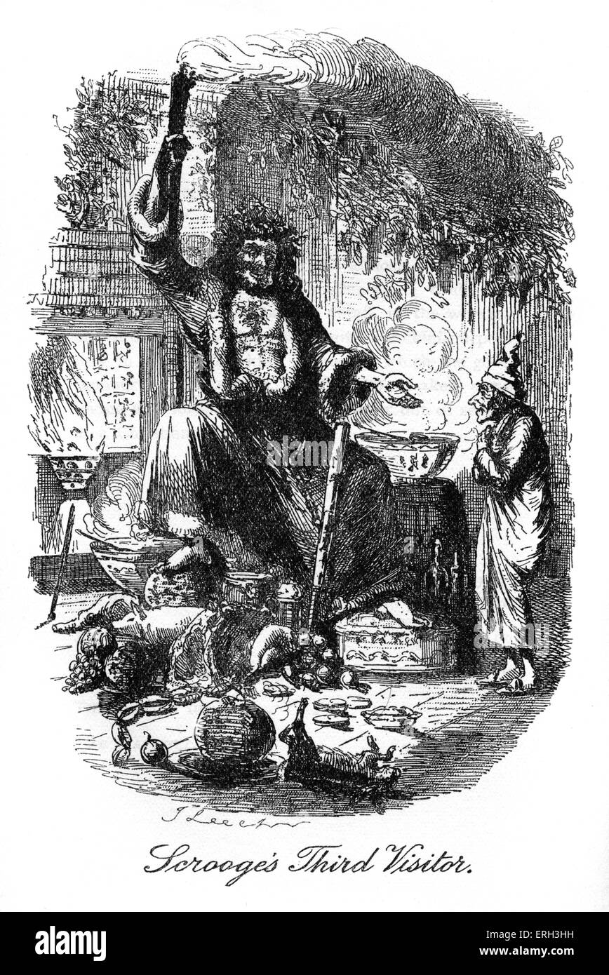 A Christmas Carol (1843) by Charles Dickens, 7 February 1812 – 9 June 1870. Scrooge's third visitor: The ghost of Christmas Stock Photo