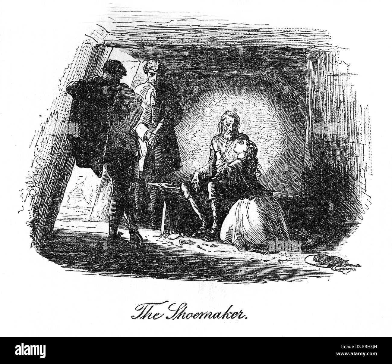 A Tale of Two Cities by Charles Dickens, published in 1859. Illustration by Hablot K. Browne (Phiz), 1815 - 1882. Caption reads: 'The Shoemaker'. Lucie visits her father, Dr. Manette, who is imprisoned at the Bastille. CD: 7 February 1812 – 9 June 1870. Stock Photo