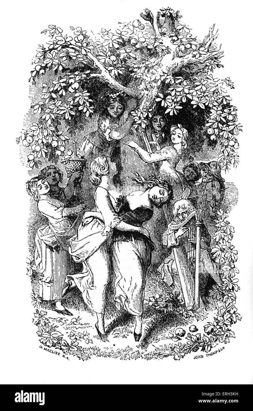 The Battle of Life by Charles Dickens, published in 1846. Frontispiece: Sisters Grace and Marion Jeddler dance beneath an apple Stock Photo