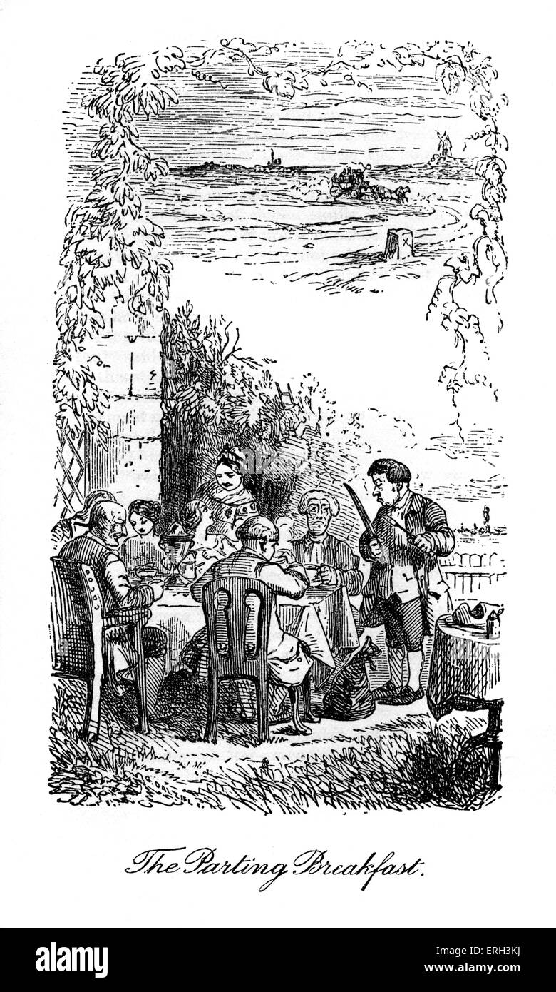 The Battle of Life by Charles Dickens, published in 1846. Caption reads: 'The Parting Breakfast'. Mr Britain serves meat to Stock Photo