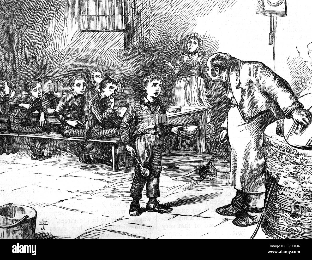 Charles Dickens's ' The Adventures of Oliver Twist ', first published 1838.  Description of scene: Oliver asks the master of the workhouse for more  food. Chapter One. Illustration by J. Mahoney 1816-1879.