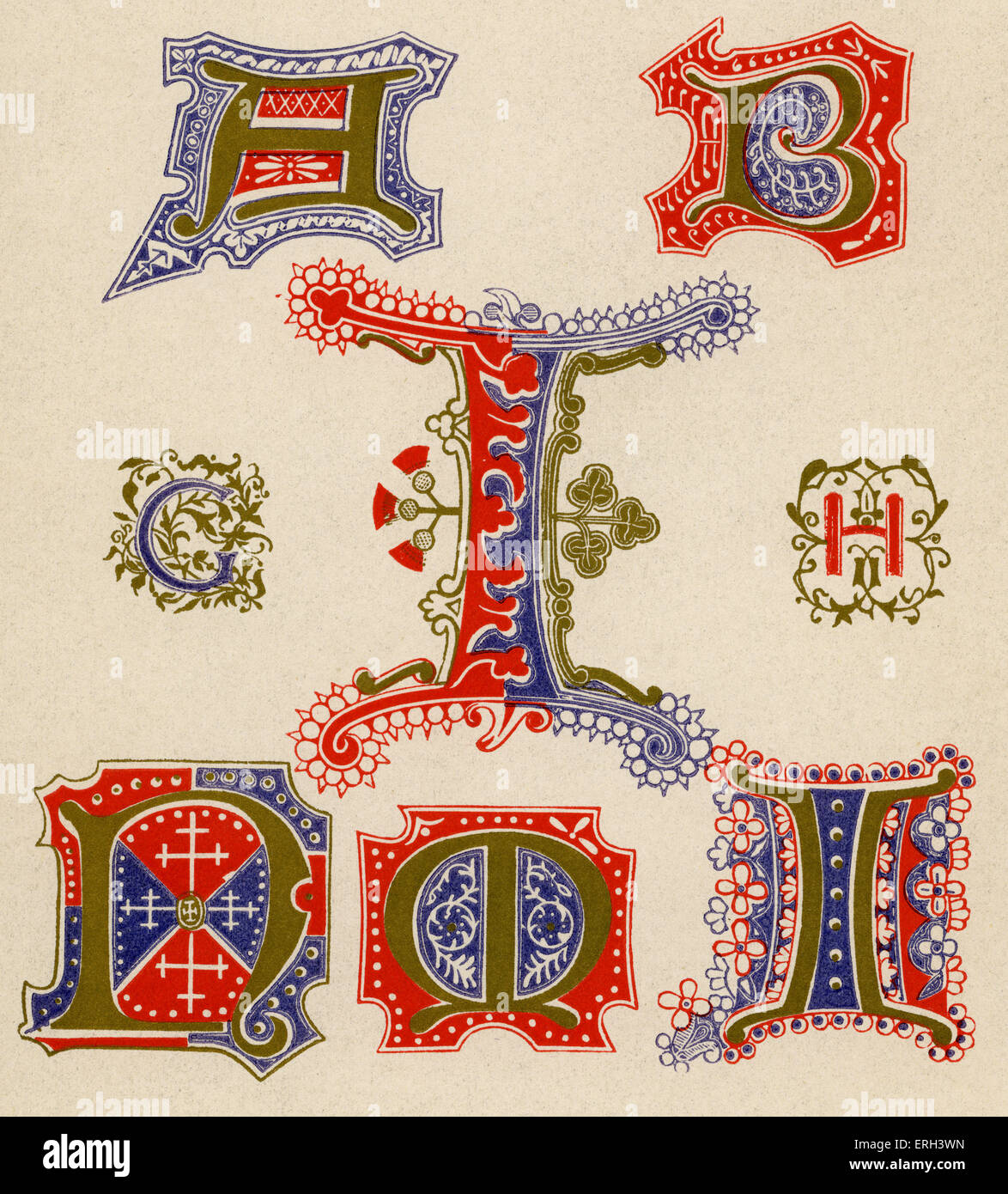Illuminated letters A, B, C, I, H, N and O. Red, gold and blue. Fourteenth and fifteenth century. (1886 source). Stock Photo