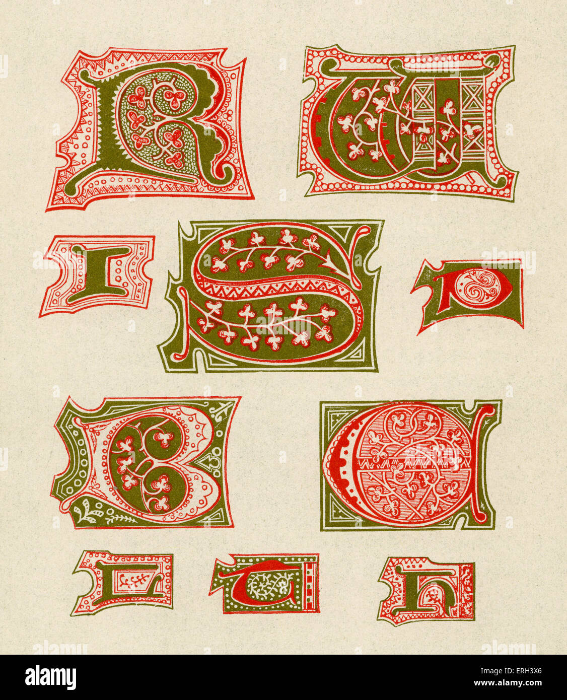 Red and gold illuminated letters R, W, I, S, P, B, C, D, T and H. Sixteenth century. (1886 source). Stock Photo