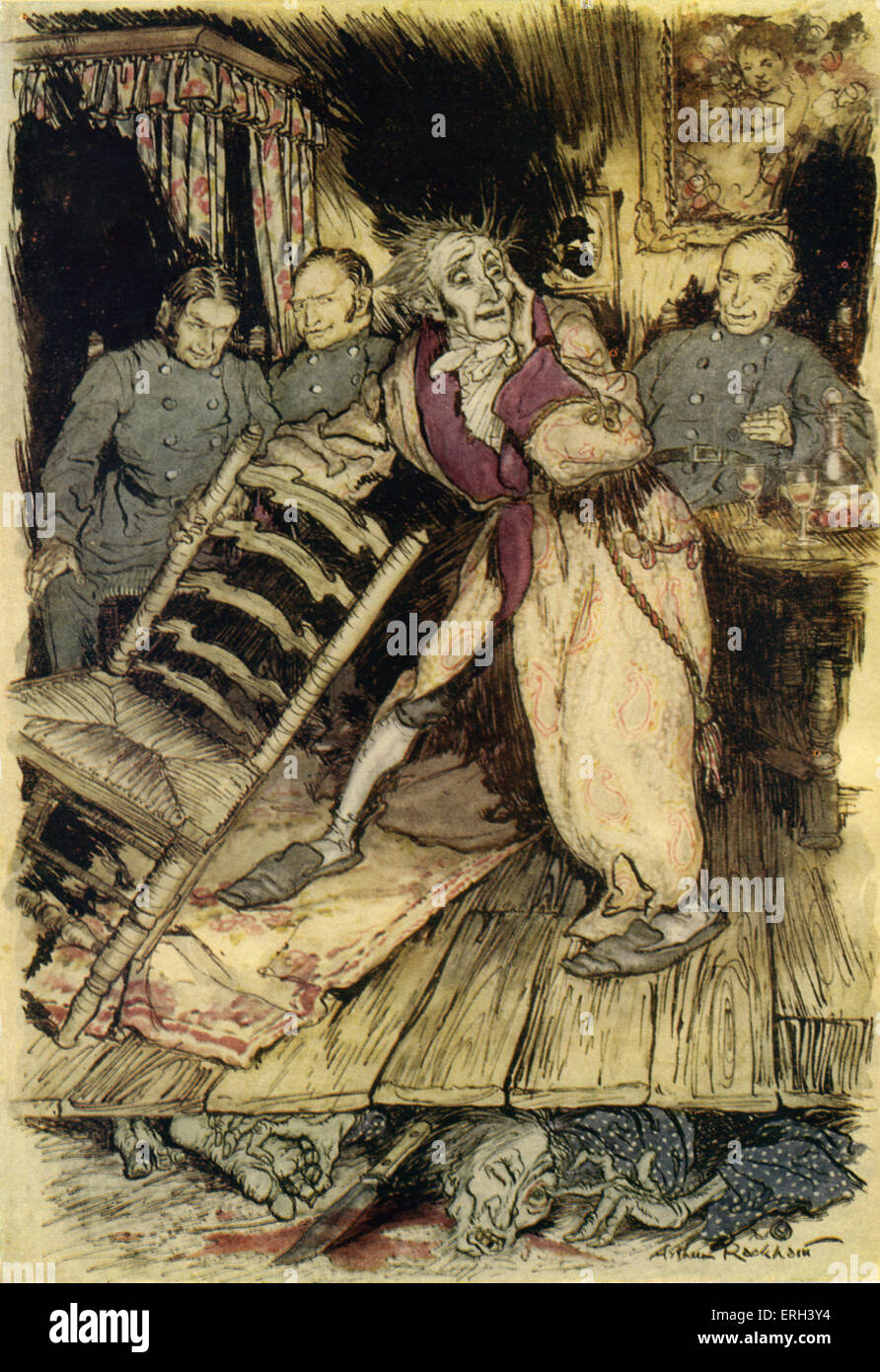 The Tell-Tale Heart' by Edgar Allan Poe. Police are investigating the disappearance of a missing man, whose blood-stained body is shown hidden under the floorboards. The narrator, while explaining about the disappearance of his lodger believes he can hear the beating of the dead man's heart. Caption: 'I swung the chair upon which I had been sitting, and grated it upon the boards!' (to cover the sound of the heart beating). Illustration by Arthur Rackham (1867 - 1939). EAP American author & poet: 19 January 1809 - 7 October 1849. Stock Photo