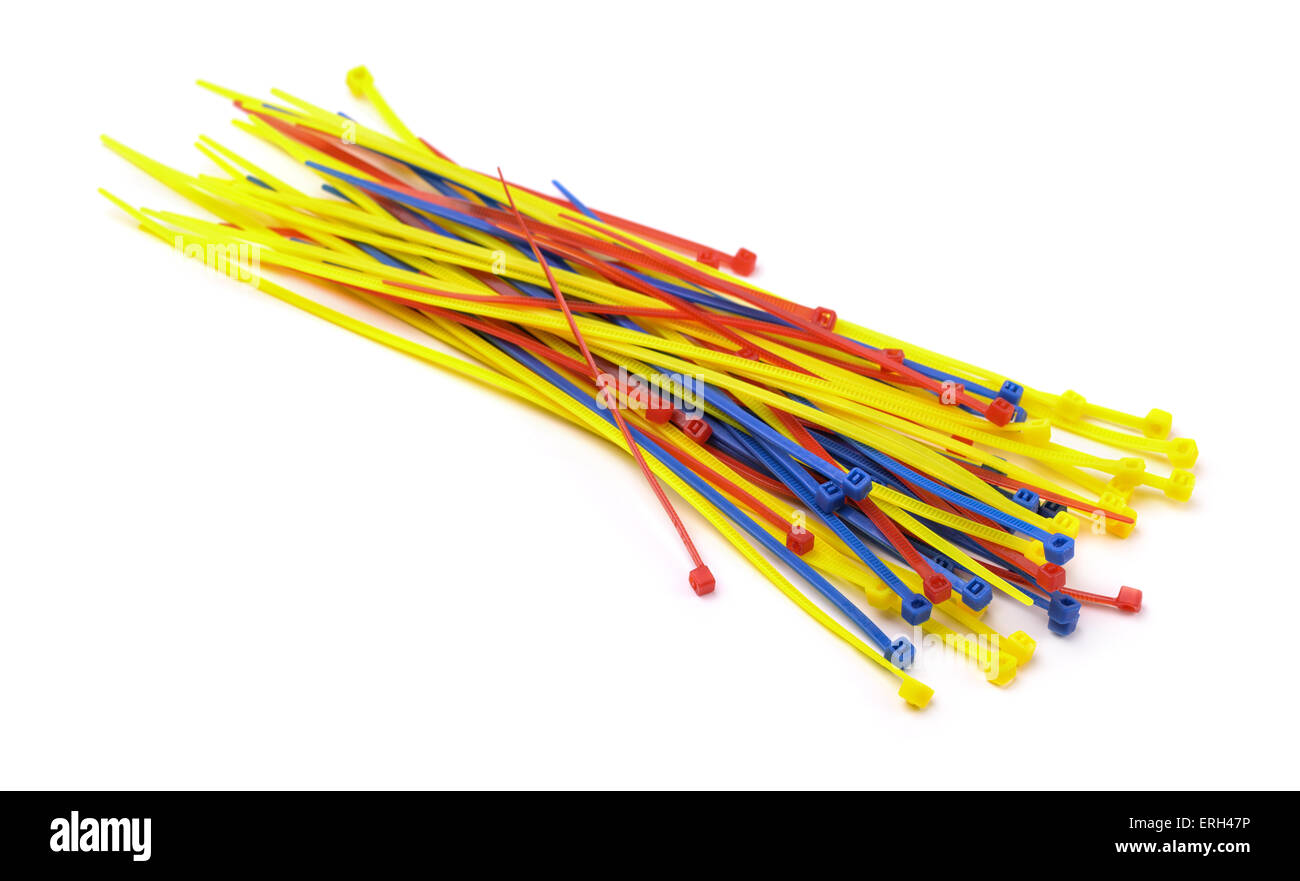 Plastic cable ties isolated on white Stock Photo