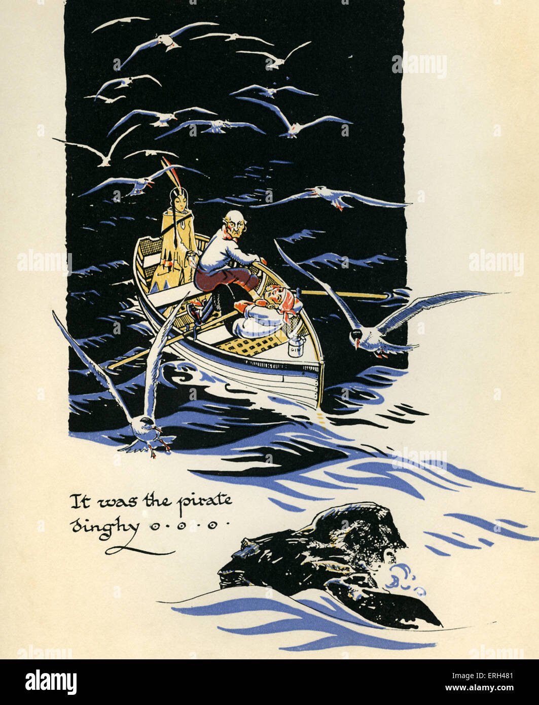 J. M. Barrie 's 'Peter Pan'. 'It was the pirate dinghy'. James Matthew Barrie, Scottish novelist and playwright, 9 May 1860 – 19 June 1937. Illustration by Gwynedd M. Hudson. Stock Photo