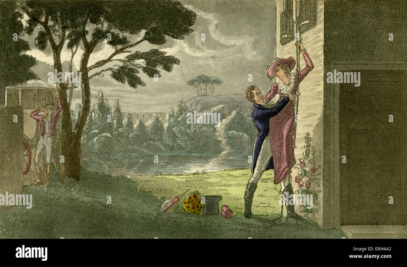 A Love Scene not to be found in the Works of Shakespeare-The elopement; 'Love laughs at locksmiths'; 'The devil to pay'; Proteus and the beautiful Maria swear eternal constancy; actors no more than other men: nature our greatest master; matrimony in view. Engraving from 1825 by Theodore Lane. Source: The Life of an Actor Stock Photo