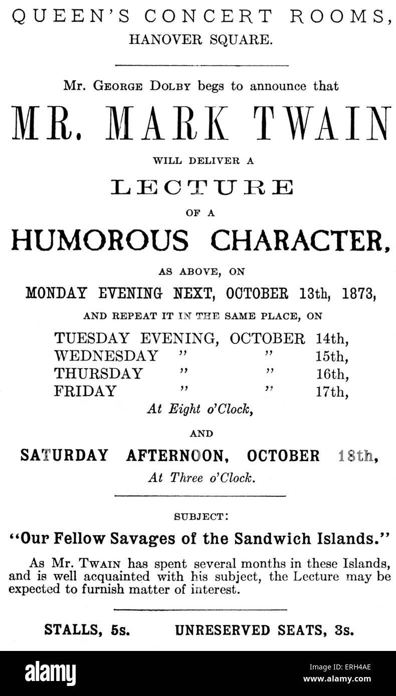 Mark Twain poster for  'A Humorous Character'- lecture held at Queen's Concert Rooms, 13th to 18th of October 1873. Mark Twain Stock Photo
