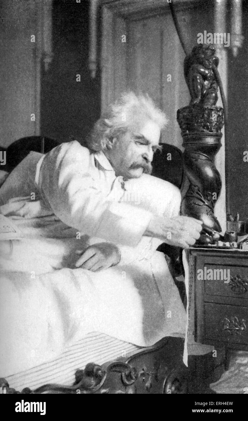 Mark Twain dictating his autobiography.  Mark Twain (pen name for Samuel Langhorne Clemens ) -    American author, satirist, Stock Photo